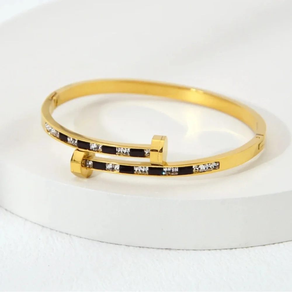 Women Stainless Steel Fashionable Black Stripe Nail Cuff Bracelet - Picture 2 of 5